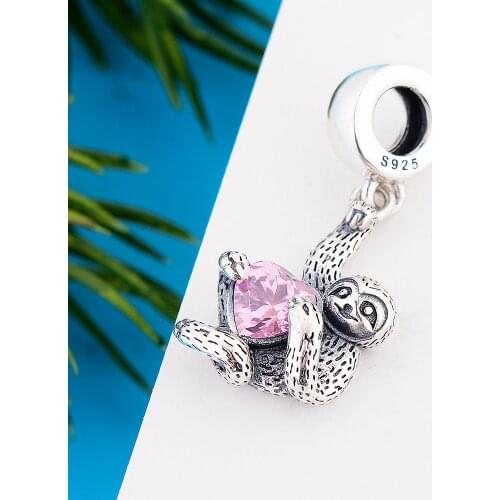 Fit Original Pandora Charm Bracelet 925 Silver Sloth Monkey Pink Heart CZ In Hand Bead For Making Women Mothers Day Berloque