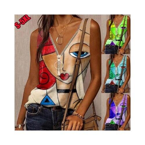 Plus Size Harajuku Cartoon Casual Loose Vest Zipper Printing Sleeveless Tshirt Women Street Style Pullover All-match Summer Vest