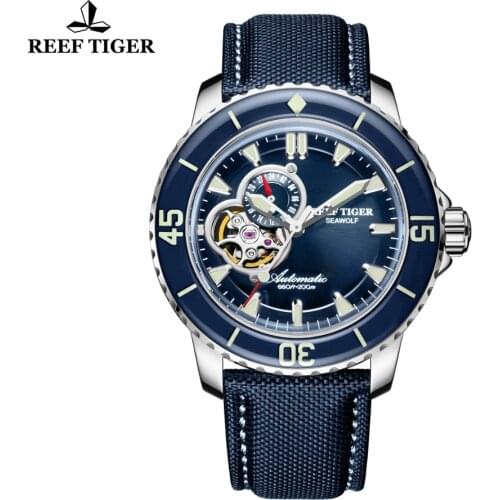 Reef Tiger/RT Sport Watches for Men Luminous Automatic Luminous Blue Dial Watches Nylon Strap RGA3039