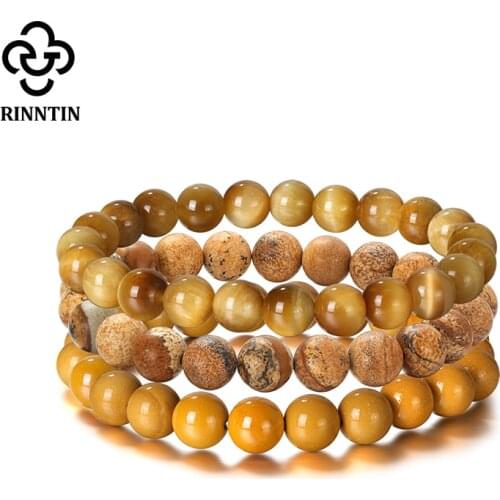 Rinntin 3pcs/set Natural Gold Tigers Eye 8mm Beaded Bracelets for Men Women Fashion Accessories Jewelry Pulseras Gifts GMB40