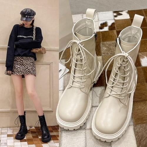 Boots Womens Autumn 2021 Fashion Boots Round Toe Mid-Tube Thick-Soled Boots Women Chelsea Boots Lace Up Motorcycle Boots