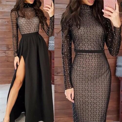 Sexy Women Transparent Bandage Diamond Bodycon Dress Mesh Sparky Party Long Sleeve Party Clubwear Split Empire Long Maxi Dresses