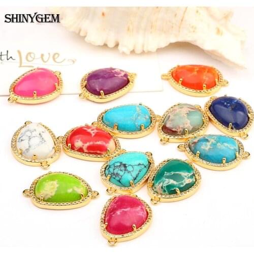 ShinyGem 10Pcs Synthesis Sea Sediment Jasper Stone Rhinestone Connector Gold Plating Bezel Inlay Zircon For DIY Jewelry Making