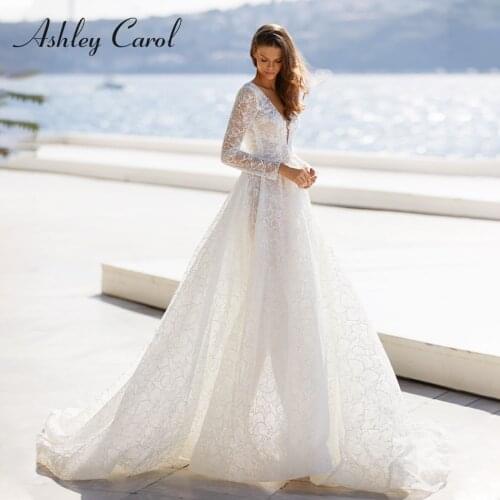 Ashley Carol A-Line Wedding Dress 2021 Delicate Beaded Lace Appliques V-Neck Bride Sheer Long Sleeve Open Back Beach Bridal Gown