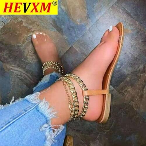 Women Summer Beac Sandals Flats Shoes Woman Pu Sandals Leather Plus Size Flip Thong Gothic Chain Sandalias Mujer Sapato Feminino