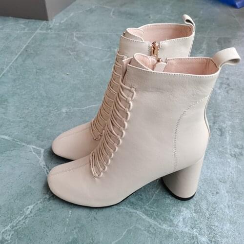 Women Ankle boots Genuine Leather shoes 22-26.5cm Cowhide upper boots for women Beige boots Fashion all-match spring and autumn