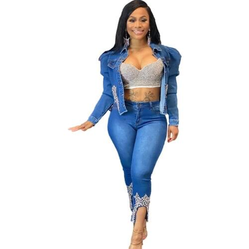 Casual Jeans Suit Women Denim Two Pieces Set Blue Long Sleeve Jeans Top&Long Pants Slim Tracksuit Outfits 2021 Spring Autumn OL