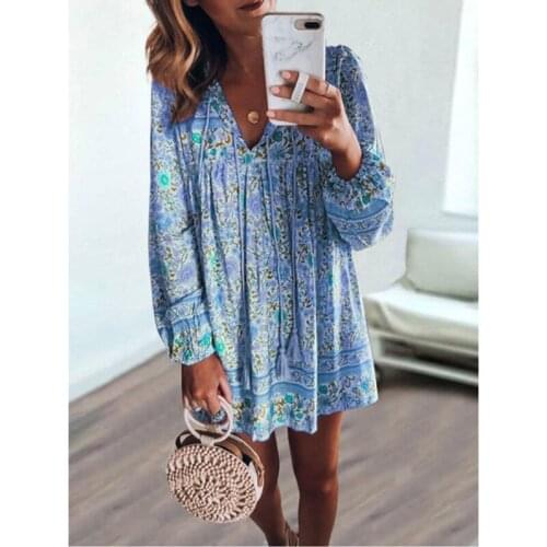 Fashion Ladies Flower Print Casual V-neck Short Dresse Women Summer Long Sleeve Sexy Mini Dresses Elegant Fashion Dress Vestido