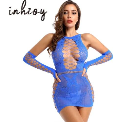 Womens Lingerie See-Through Fishnet Bodycon Dress Hollow Out Butterfly Round Neck Erotic Sexy Dress Clubwear with Oversleeve