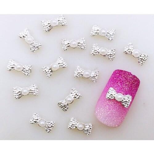 20pcs/pack Japan Alloy Nail Art 3D Silver Bow Knot with Pearl Metal Accessories for Phototherapy Nail Sticker DIY