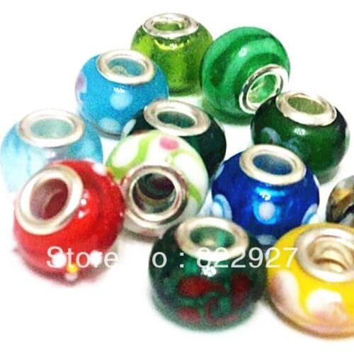15 pieces multi color murano glass loos beads,14mm beads with in 6mm hole,sterling silver cord for European jewelry