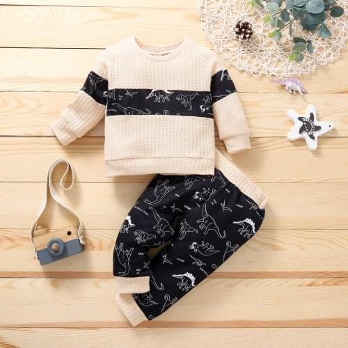 Cute Cartoon Kids Long Sleeve Clothes Tracksuit Stitching Dinosaur Print O-Neck Tops+Pants Clothing for Toddler Little Boys