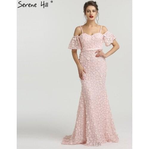 Dubai Newest Dark Green Mermaid Fashion Evening Dresses 2020 Short Sleeves Flowers Crystal Sexy Evening Gowns LA6519