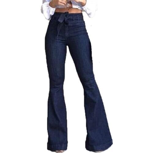 Autumn Women Bell Bottom Jeans Fashion Skinny Bowknot Sashes High Waist Jeans Woman Casual Slim Black Flare Pants Vaqueros Mujer