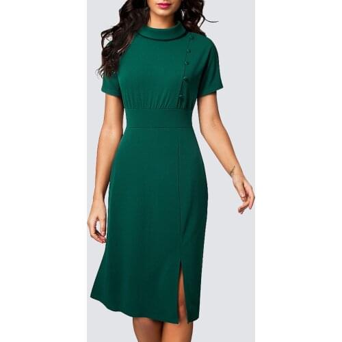 Women Elegant Solid Color Short Sleeve Buttons Side Split Wear to Work Lady Office Midi Dress 1HA238