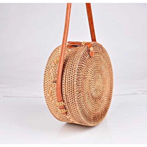 Round woven rattan bag box handmade ladies handbag storage bag box travel ring leather shoulder messenger bag