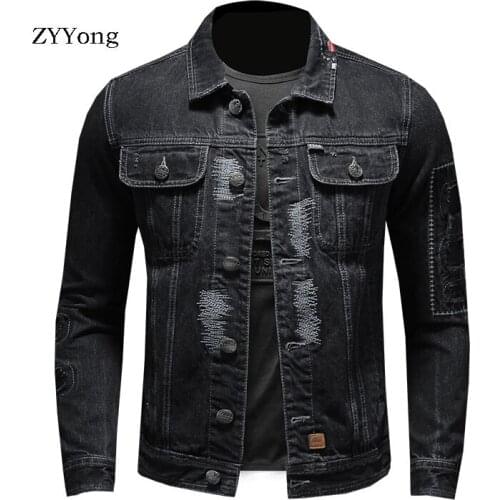 Retro European Style Bomber Pilot Tattered Patch Ripped Jean Jacket Men Denim Coat Motorcycle Casual Outwear Clothing Overcoat