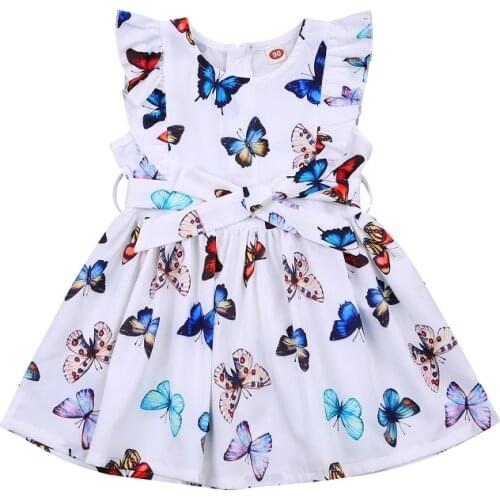 Infant Kids Baby Girls Summer Dress, Cute Sleeveless Round Neck Butterfly Print Belted Ruffle Dress 2-7Y