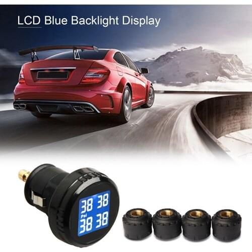 Tire Pressure Monitor with 4 External Cap Sensors Wireless Pressure Monitoring System TPMS Cigarette Lighter Plug LCD Display