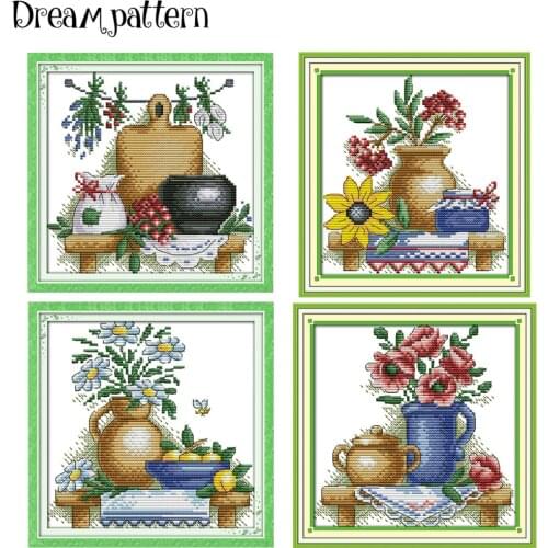 The teapot with flowers cross stitch kit cartoon picture 11ct count canvas stitches embroidery DIY handmade needlework plus