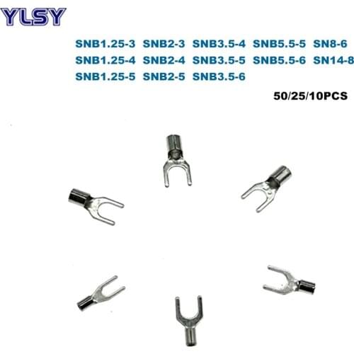 Spade Bare Crimp Terminals Electrical Cord End Wire Connector SNB1.25~SNB14 Cable Ferrules 0.5-16mm2 22-6AWG 50/25/10Pcs