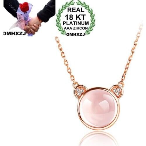 OMHXZJ Wholesale European Fashion Woman Girl Party Wedding Gift Bear Rose Quartz Zircon 18KT Rose Gold Pendant Necklace NA119