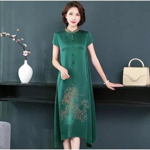 Heavy Imitation Silk Dress Embroidered Iong Dress Mother Middle-Aged Lady Pure Color Thin Imitation Mulberry Silk Dresses Women