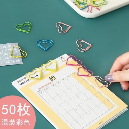 TUTU 50pcs/box Heart Shape Paper Clips Kawaii Stationery Binder Clips Photos Tickets Document Letter Clamp Accessories H0521