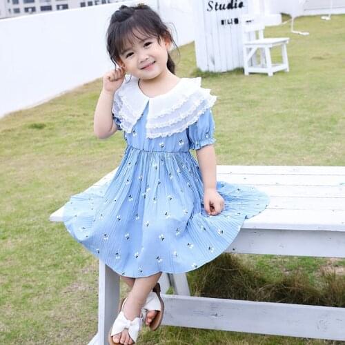 Girls short sleeve dress summer western style little girl pleated skirt cherry chiffon skirt three-layer collar princess dress