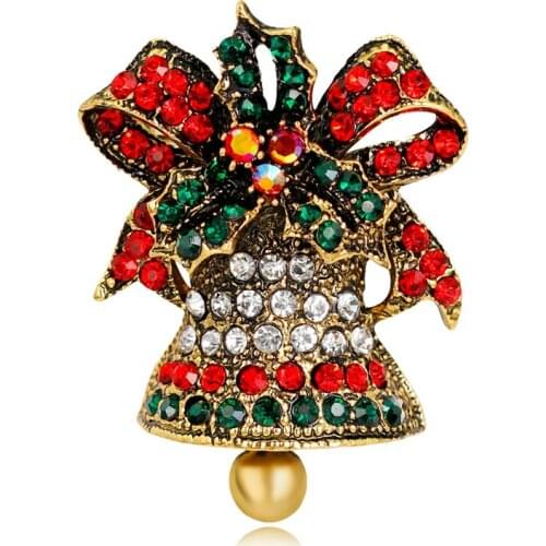 Christmas Brooch Pin Women Girl Cute Bell Crystal Enamel Christmas Jewelry