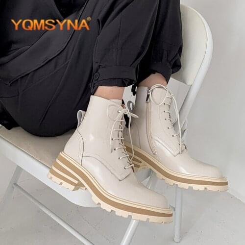 YQMSYNA Fashion Womens Boots Casual Square Heel Round Toe Lace-up Modern Boots Genuine Leather Breathable Office Shoes AS337