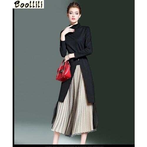 Boollili Autumn Women Skirts Suits Black Kintted Sweater Long Skirt Yarn Pleated Skirt 2 Piece Set saia faldas mujer