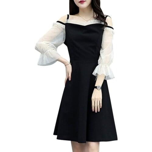 2019 Spring New Women Midi Dress Elegant Waist Fashion One-neck Collar Dress Stitching Mesh Strap Sexy Wide dress Vistidos Q315