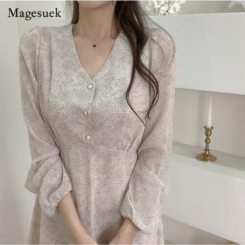 2021 Elegant Summer Women Dress Chiffon Floral V-neck Dress for Women Casual Vintage Office Lady Loose Long Dress Vestido 14154