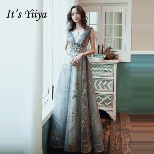 Its Yiiya Evening Dress Luxury Beading Crystal V-neck Formal Dresses Elegant V-neck Plus Size For Women robe de soiree LF004