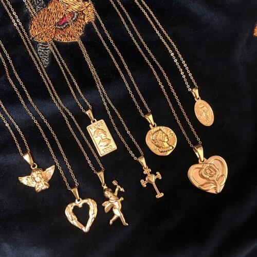 RHYSONG Jewelry Heart Cross Portrait Angel Vintage Pendant 316L Stainless Steel Necklace For Women Collares Cute Clavicle Chain