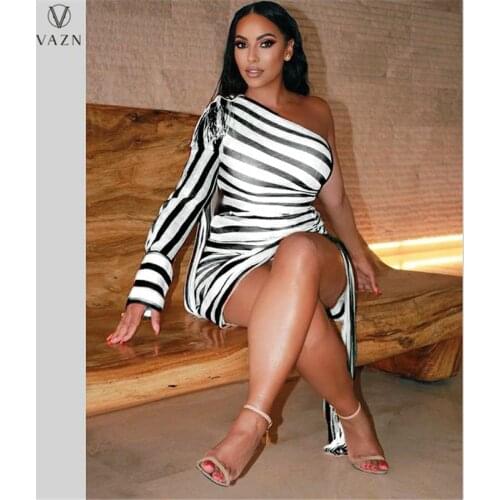 VAZN 2021 Striped Print Slash Neck Night Party Shinny Bodycon Slim Mini Dress Full Sleeve Strap Bandage Energetic Suitable Dress