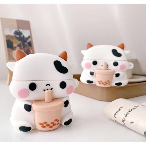 3D Cow Cattle Milk Cute For AirPods 1 2 Pro Case Cartoon Tea Box Soft Silicone Wireless Bluetooth Earphone Protect Cover Animal