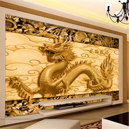3D Stereoscopic Embossed Golden Chinese Dragon Photo Mural Wallpapers for Hotel Restaurant Living Room Wall Papers Home Decor
