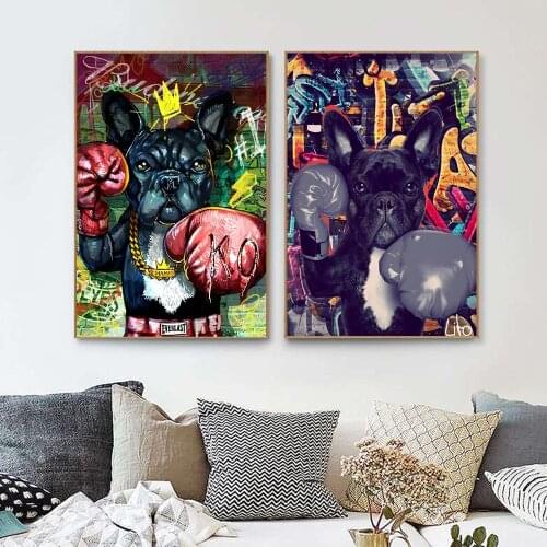 Abstract Animal Dog Boxing Posters With Crown Canvas Wall Painting Art For Interior Living Room Decoration Salon Home Decor Gift