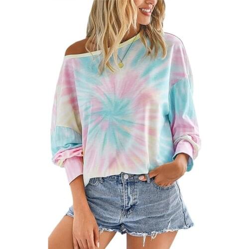 FY Womens Tops and Blouses Elegant Ladies Tops Off Shoulder Lantern Long Sleeve Blouse Autumn Shirt Tie-dye Print Blouse Shirt