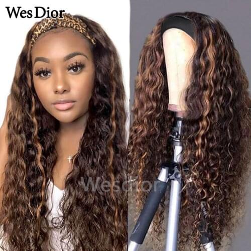 Brazilian Curly Headband Human Hair Wig Honey Brown Blonde Ombre Highlight Glueless Wigs for Black Women Water Curly Remy Hai