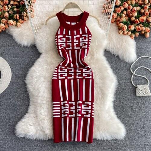 YornMona Brand Fashion Geometry Print Knitted Dress Summer Halter Sleeveless Bodycon Sexy Package Hips Mini Dress 2021 Autumn