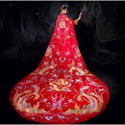 Red Embroidery Cheongsam Chinese Vintage Style Women Qipao Lady Phoenix Satin Bride Wedding Dress Marriage Dress Suit Elegant