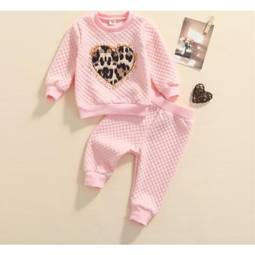 Children Clothing Autumn Winter Kids Girls Heart Leopard Print Pearl Sweatshirts Pants Warm Outfits Clothes