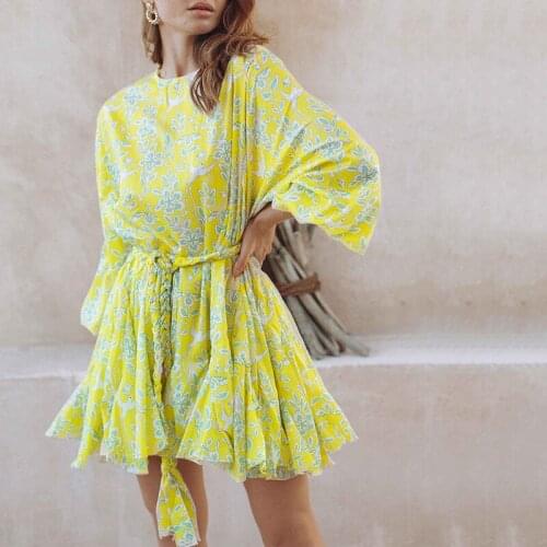Print Dresses Rainbow Color Long sleeves self-belt party dress pleated boho dress for women mini summer dress
