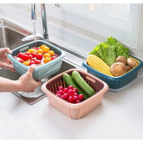 Double-Layer Drain Basket Lid Refrigerator Crisper Multifunctional Square Large Size Washing Vegetable Basket Kitchen Organizer