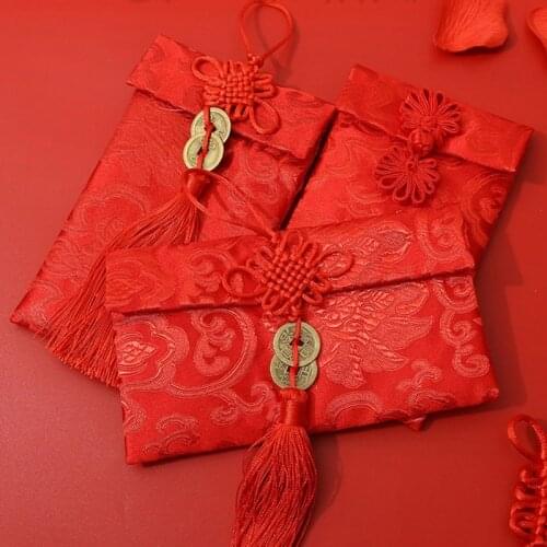 Chinese Knot Red Envelope for Spring Festival Betrothal Gift Bag Exquisite Floral Money Pocket Brocade Wedding Tassel Bags