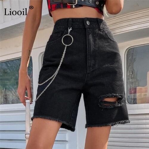 Liooil Black Denim Shorts Women Straight Leg High Waist Distressed Hole with Pockets Streetwear Ripped Jeans Shorts Summer 2021