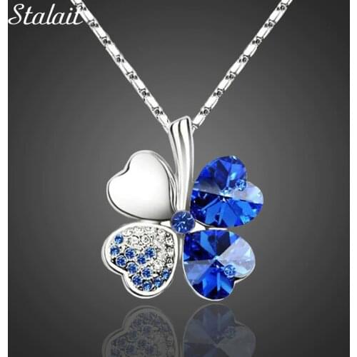 Fashion Jewelry Silver Color Austrian Crystal Necklace Four Leaf Leaves Clover Heart Rhinestones Pendant Necklace Jewelry